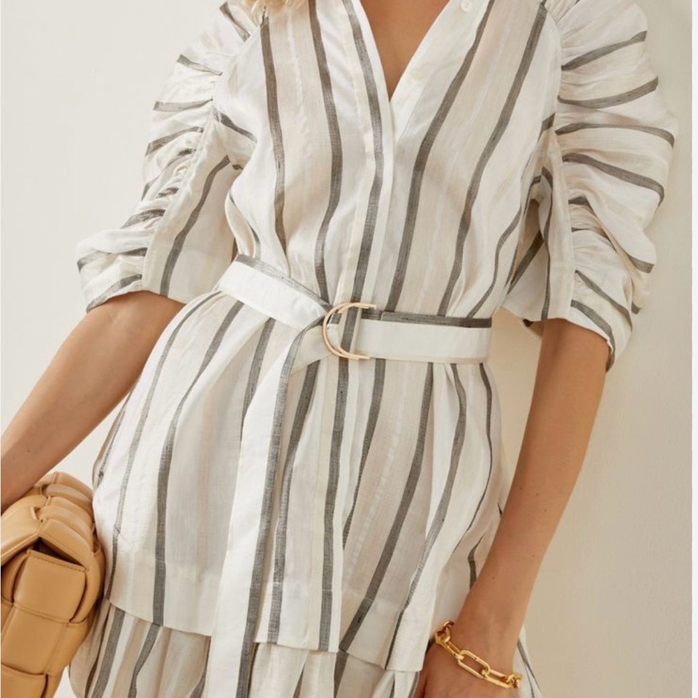 Acler Striped Belted Dress with Puff Sleeves